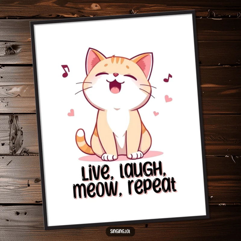 Funny Free Printable Wall Art depicting a giggling cat character performing a loud, joyful ballad with exaggerated expression. Quirky downloadable decor.