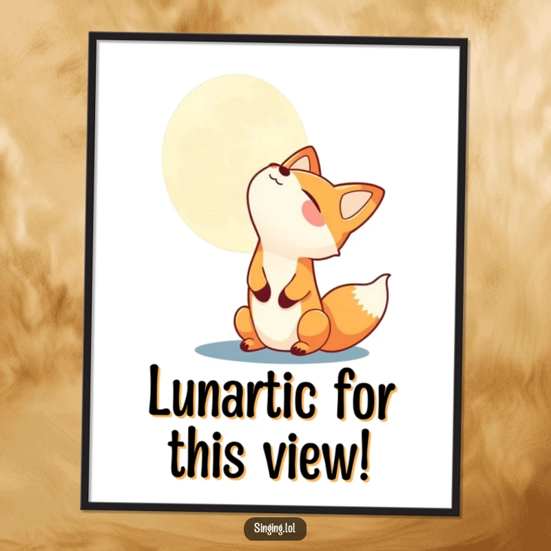 Funny Free Printable Wall Art featuring a whimsical fox joyfully howling at a big moon, a humorous piece.