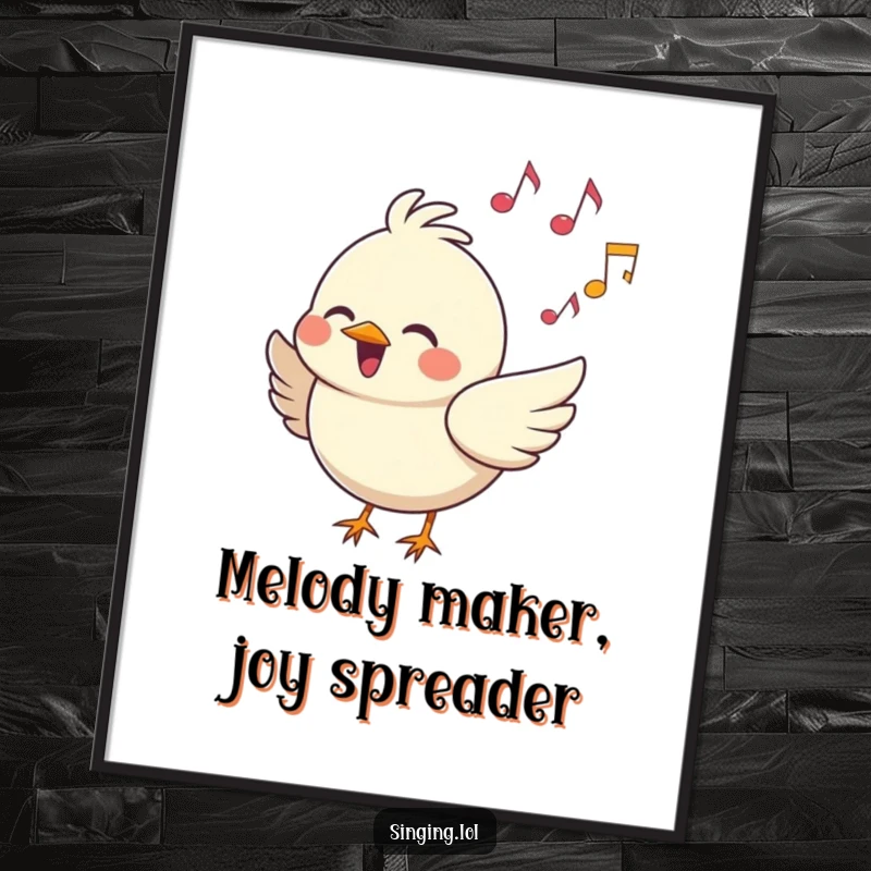 Funny Free Printable Wall Art: A cheerful bird sings joyfully surrounded by musical notes, adding melody to any room, a fun downloadable piece.