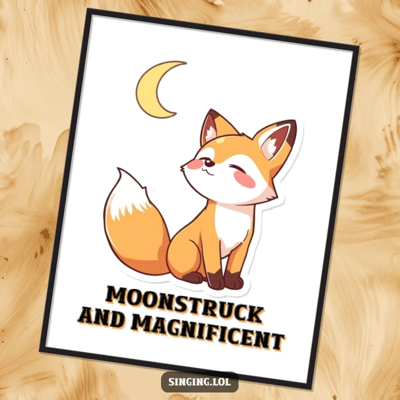 Funny Free Printable Wall Art: A stylized fox character howling with delight at a radiant crescent moon.