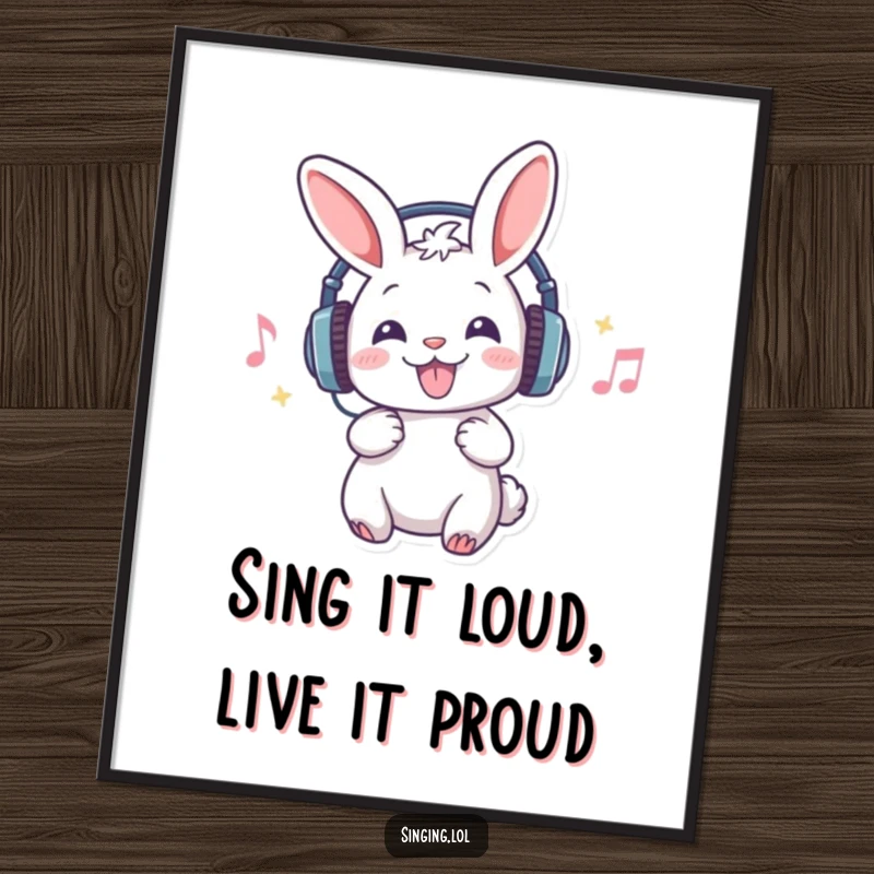 Funny Free Printable Wall Art of a cartoon rabbit wearing headphones, passionately singing, adding groovy vibes to any room.