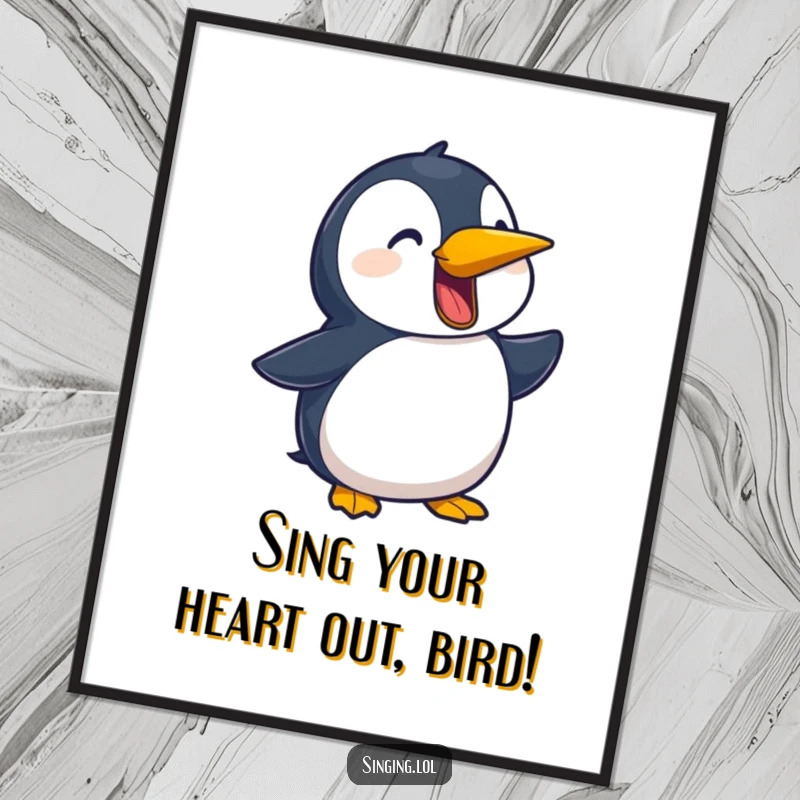 Funny Free Printable Wall Art of a playful penguin character squawking a dramatic ballad with passion, perfect decor.