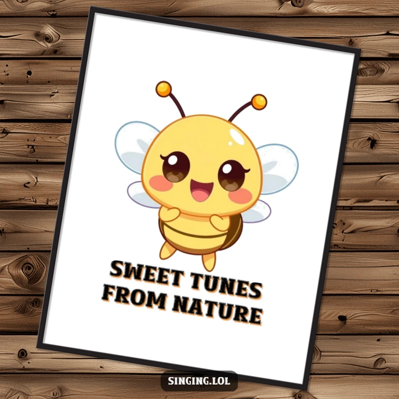 Funny Free Printable Wall Art of a happy bee character buzzing a high note with vibrant energy, lively decor.