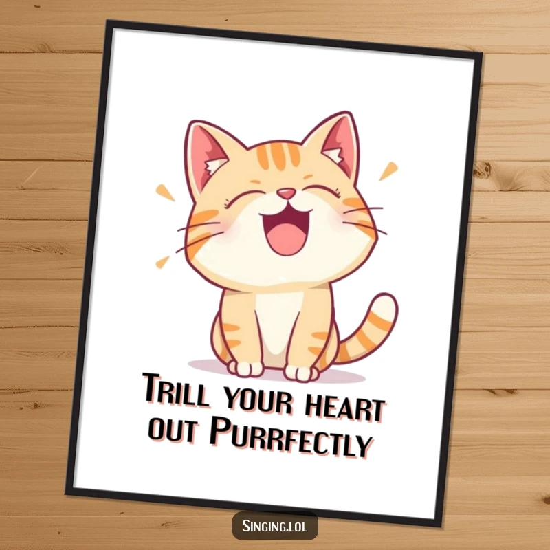 Funny Free Printable Wall Art: A delighted cat character performs a vocal trill, a charming and musical decor piece.
