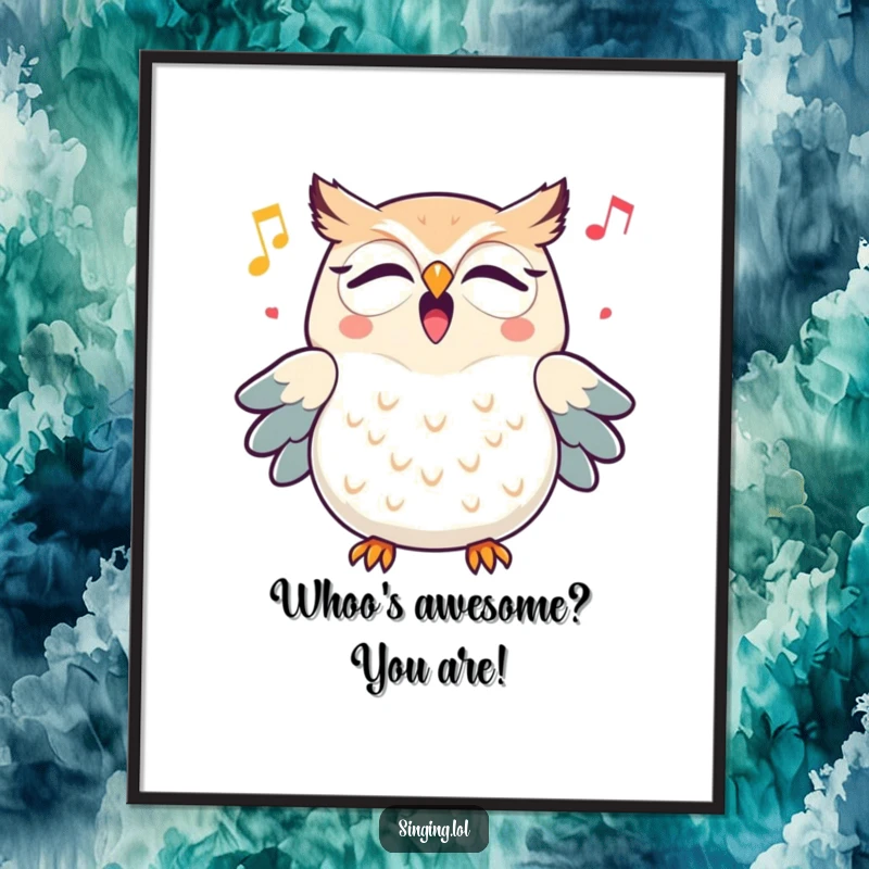 Funny Free Printable Wall Art: Triumphant owl character joyfully hooting a cheerful melody, radiating happiness.