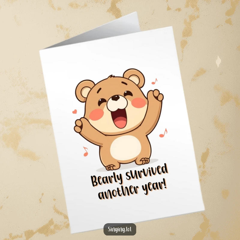 Funny Free Printable Birthday Card featuring a happy bear character singing with a huge, joyful grin, ready to celebrate.