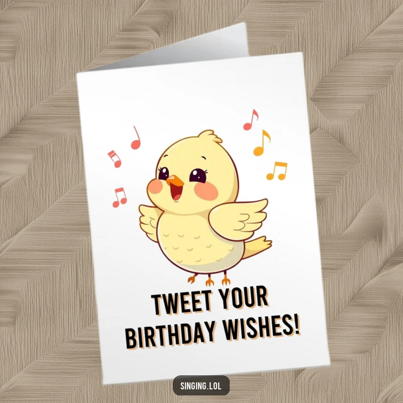 Funny free printable birthday card: A happy bird chirps loudly surrounded by floating music notes.