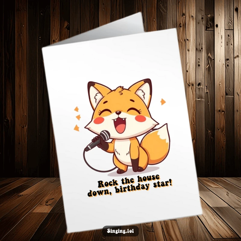 Funny free printable birthday card: a cheerful fox character belts out a tune into a microphone.