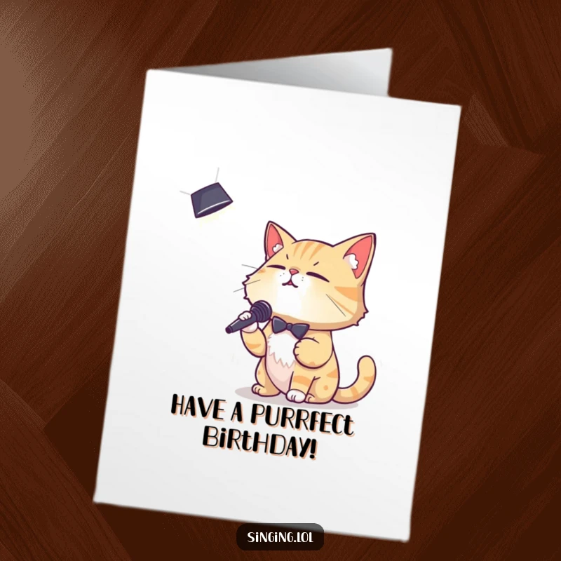 Funny Free Printable Birthday Card: Debonair cat crooning in a spotlight, a star performance, perfect DIY gift.