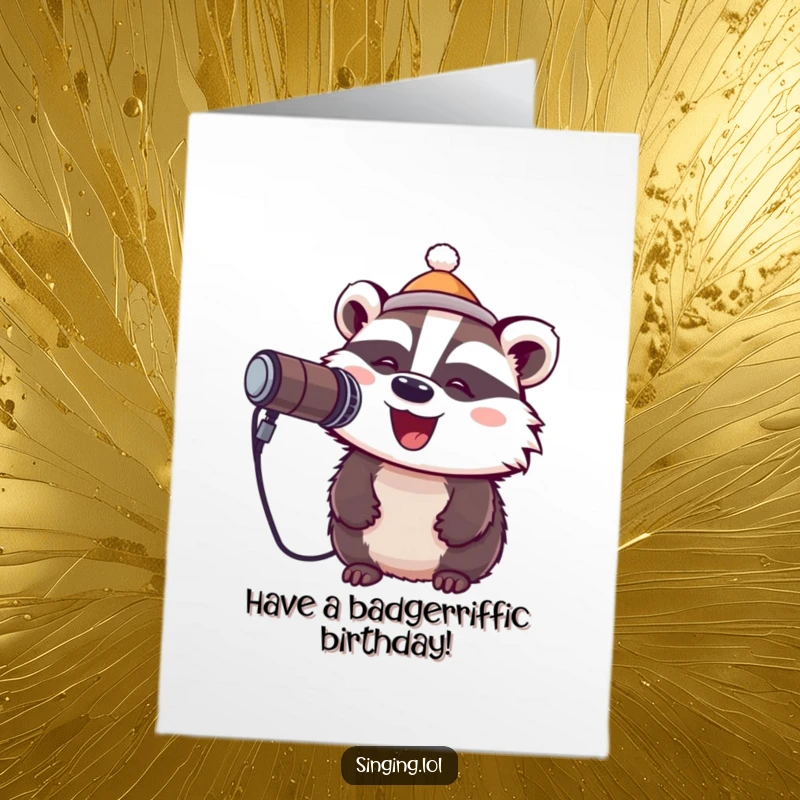 Funny free printable birthday card: A cheerful badger in a tiny hat belts out a tune into a microphone.