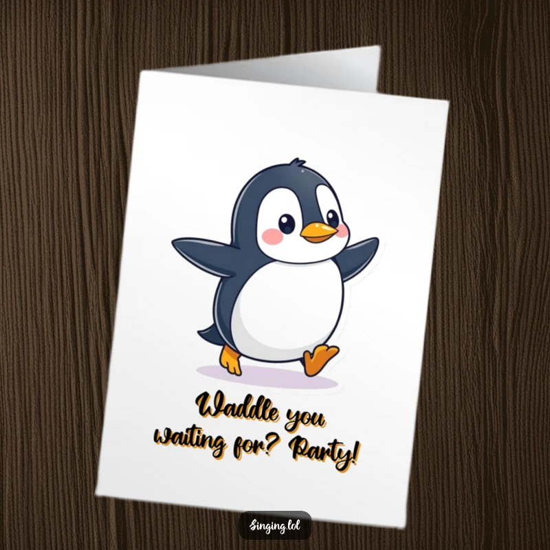 Funny Free Printable Birthday Card: A waddling penguin energetically taps its feet, ready to party and spread birthday cheer.