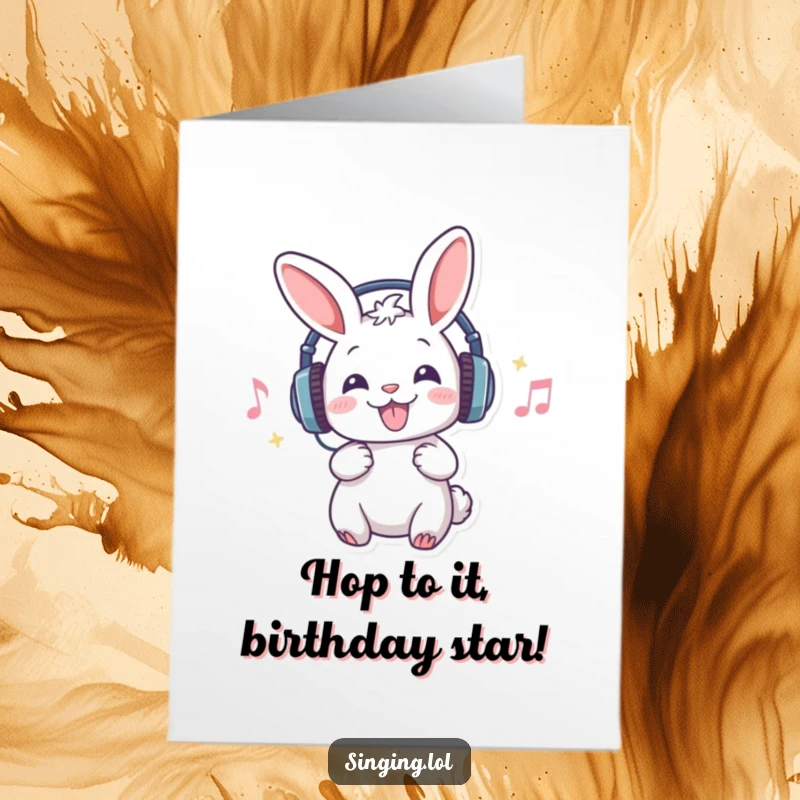 Funny Free Printable Birthday Card of a cartoon rabbit in headphones, joyfully singing with passion, ready to be printed at home.