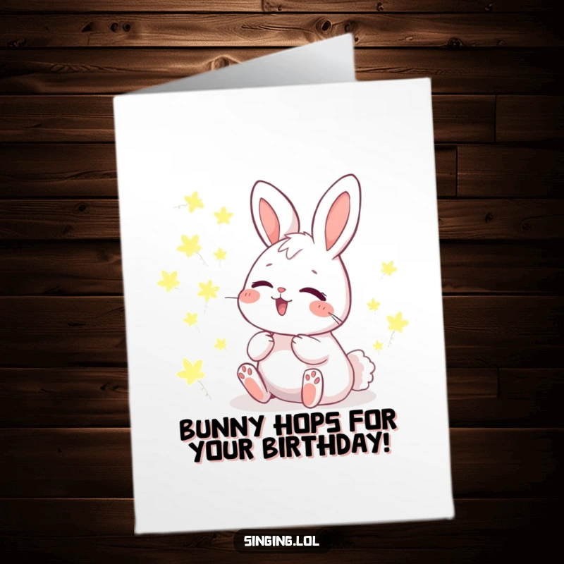 Free printable birthday card: a giggling bunny harmonizes with a chorus of glowing fireflies in the night.