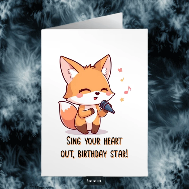 Funny Free Printable Birthday Card: A happy fox closes its eyes, lost in song, microphone in paw, wishing a happy birthday.