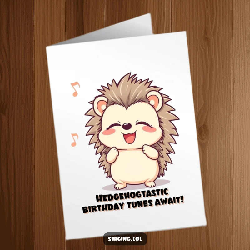 Funny Free Printable Birthday Card: A smiling hedgehog belts out a song with closed eyes, full of joy.
