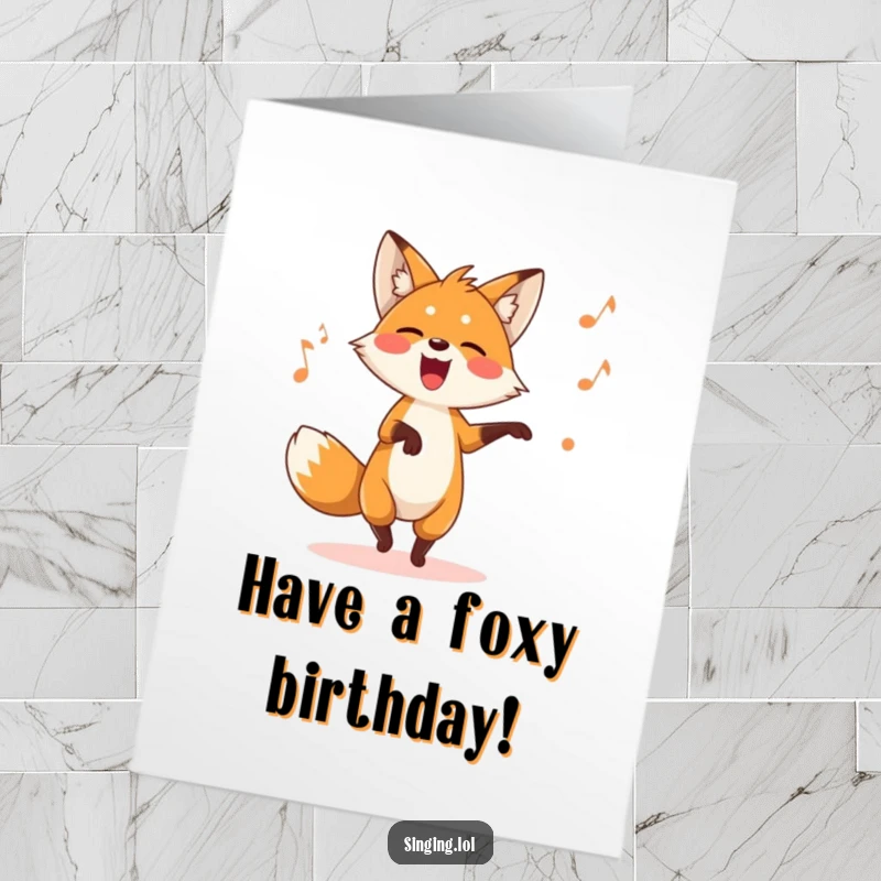 Funny Free Printable Birthday Card featuring a playful fox character dancing energetically while singing a silly song with gusto.