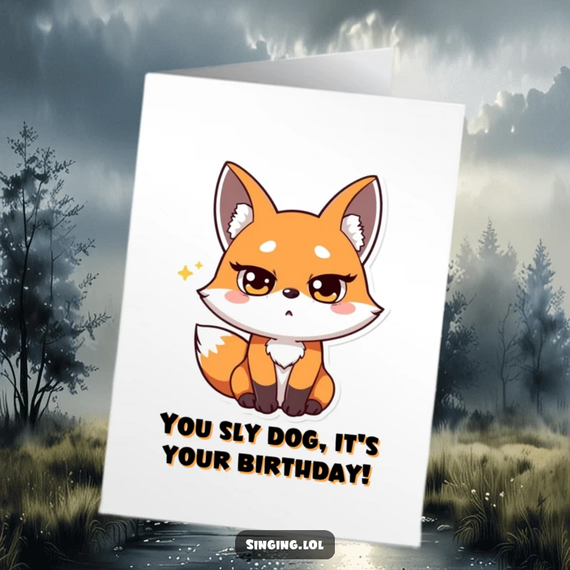 Funny free printable birthday card of a surprised fox character hitting a high musical note with its eyes squinted in concentration.