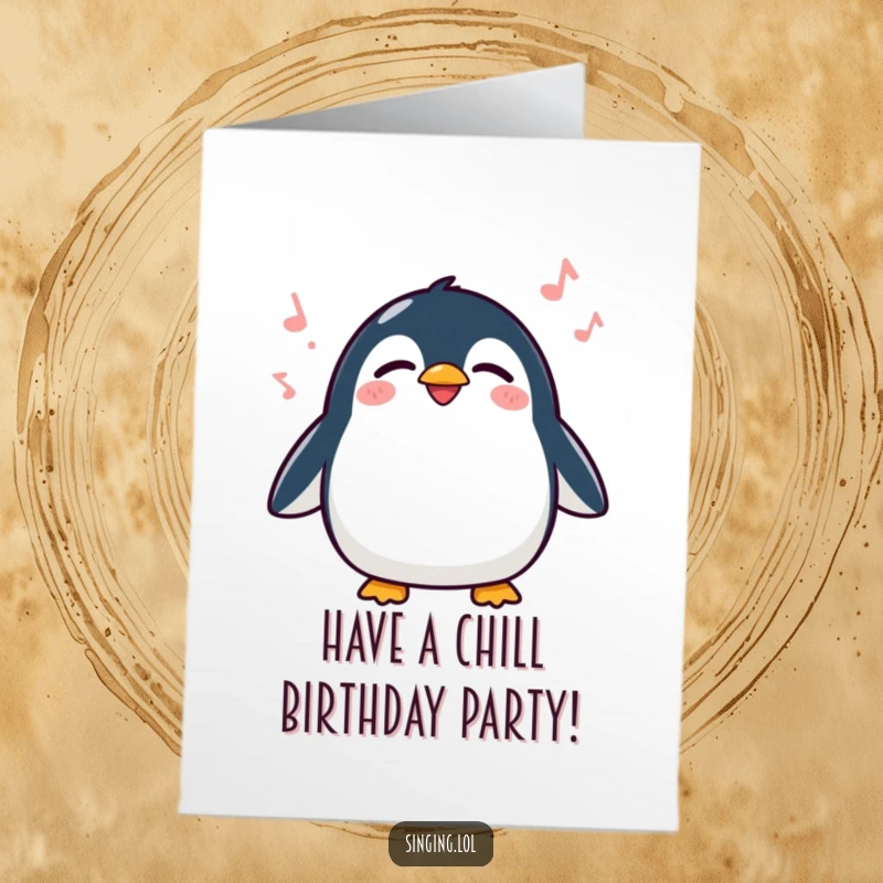 Funny Free Printable Birthday Card: A delighted penguin waddling and singing with eyes closed, spreading birthday cheer.