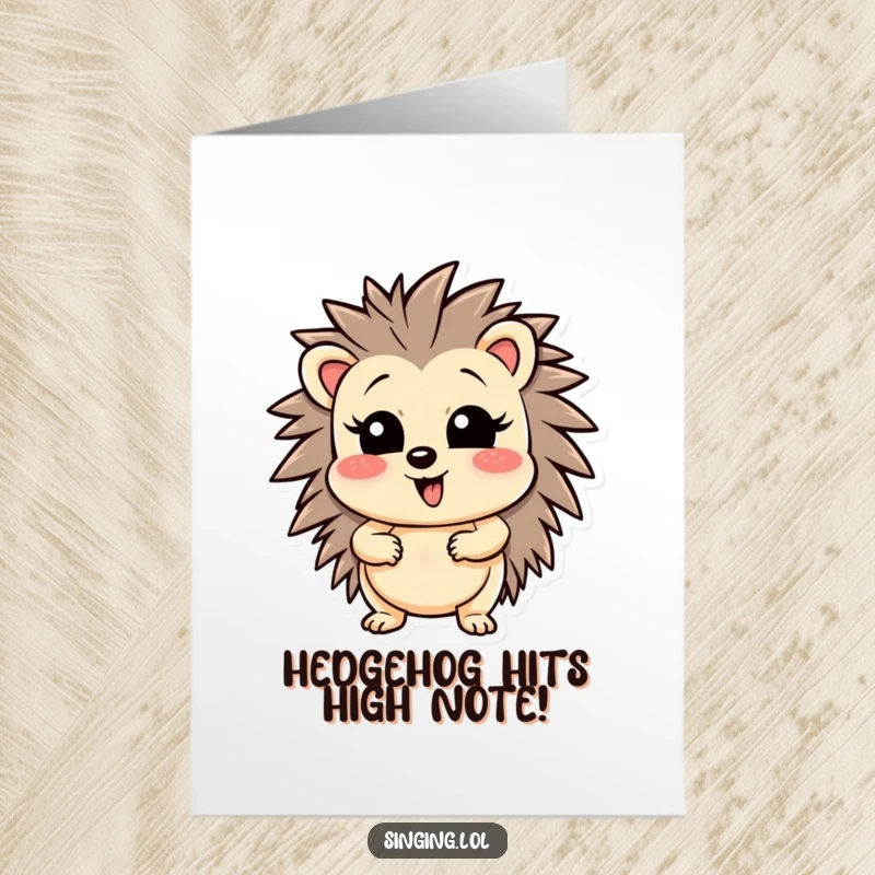 Funny Free Printable Birthday Card: Wobbly hedgehog strained to hit a high note with musical notes flying everywhere.