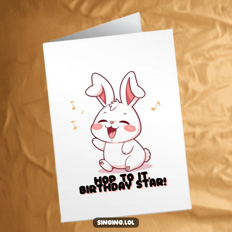 Funny Free Printable Birthday Card featuring a delighted rabbit character with floppy ears, singing joyfully with pure happiness.