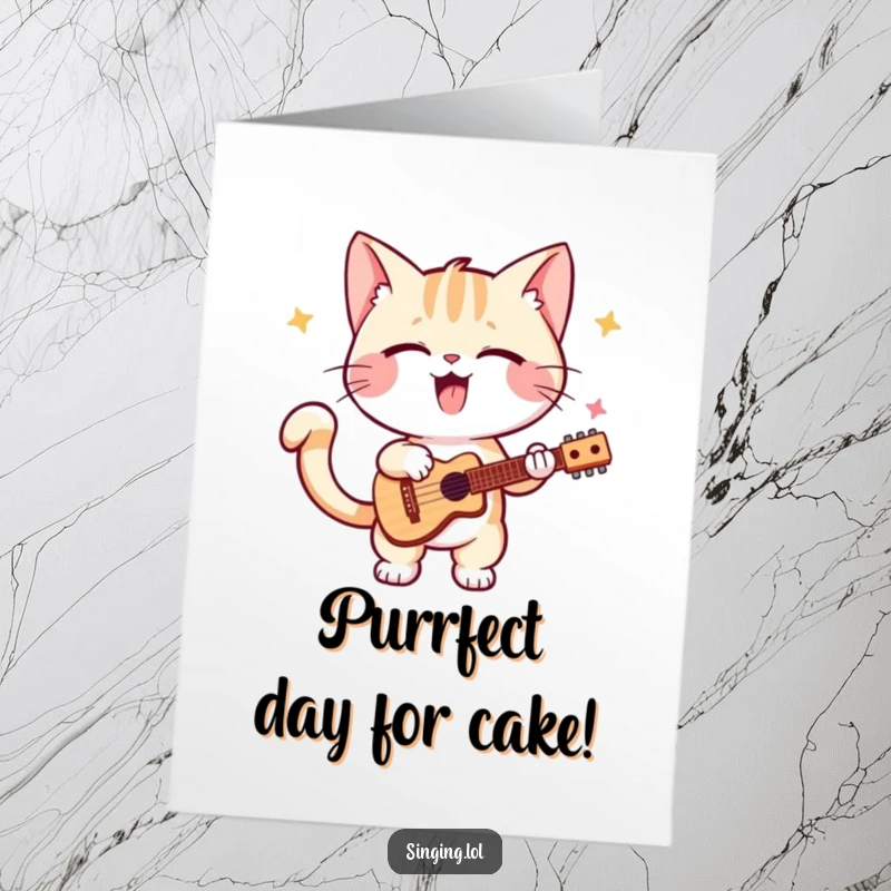 Funny Free Printable birthday card featuring a joyful kitten energetically dancing solo with its tail wagging wildly.