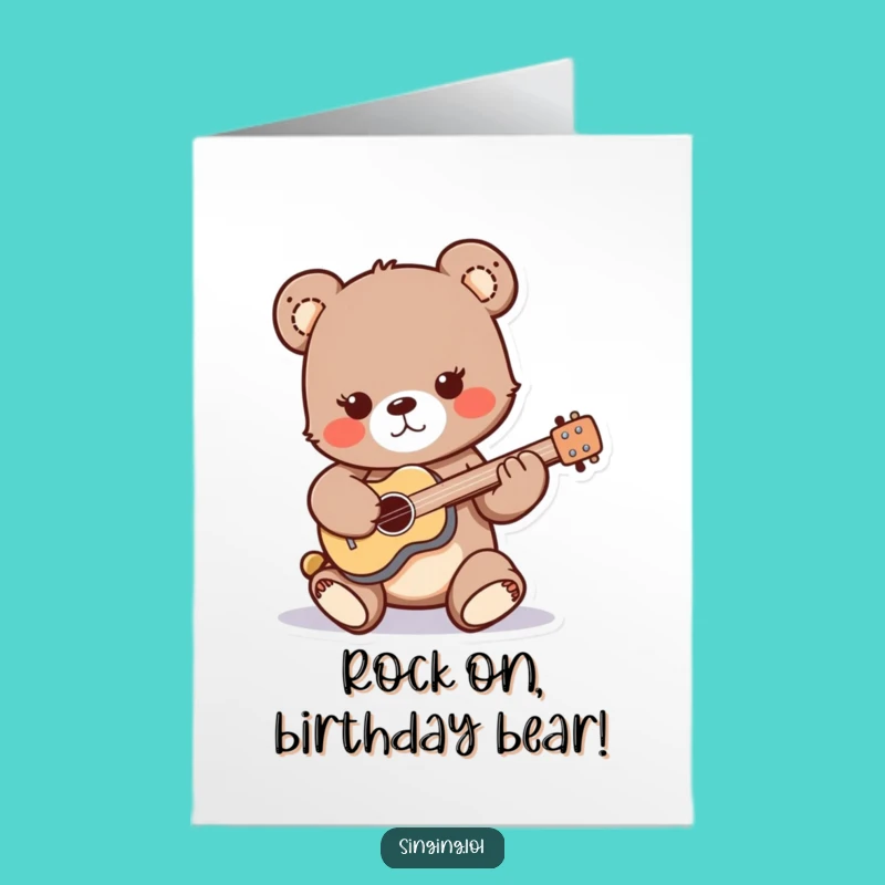 Free Printable Funny Birthday Card: Bear Cub Guitarist Rocking Downloadable Gift
