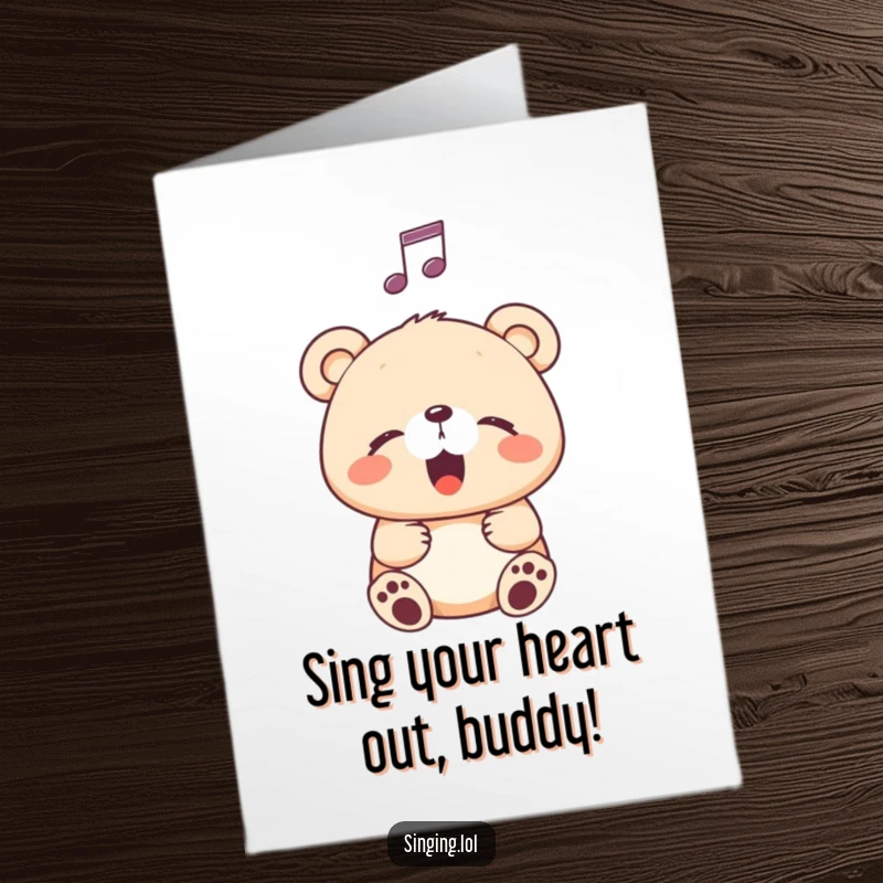 Free printable birthday card: a happy bear cub sings with eyes closed, a musical note floating above.
