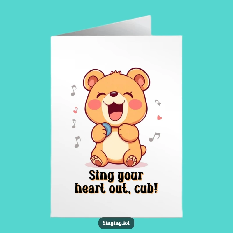 Free Printable Birthday Card: Bear Cub Ballad Singer, Heartfelt Downloadable Greeting for Loved Ones
