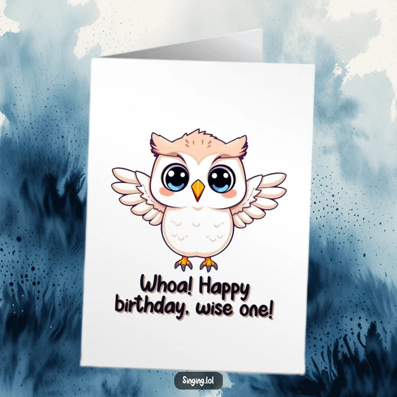 Funny Free Printable Birthday Card: A surprised owl character with wings outstretched in shock, perfect for a big reaction.