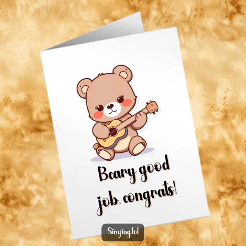 Funny Free Printable Congratulations Card: A playful bear cub strumming a miniature guitar, celebrating your awesome accomplishment.