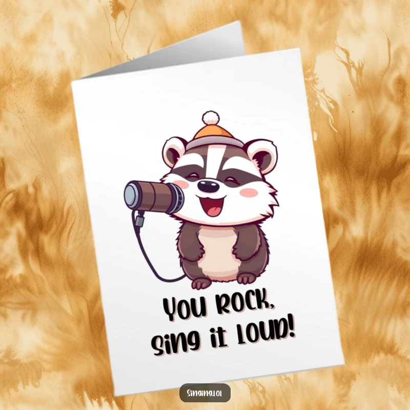 Funny free printable congratulations card: A badger wearing a small hat enthusiastically sings into a microphone.