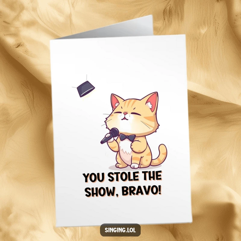 Funny Free Printable Congratulations Card: Debonair cat crooning into a spotlight, celebrating success like a star, awesome DIY present.