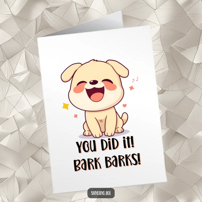 Funny Free Printable Congratulations Card: A giggling dog character howls a celebratory song with glee.