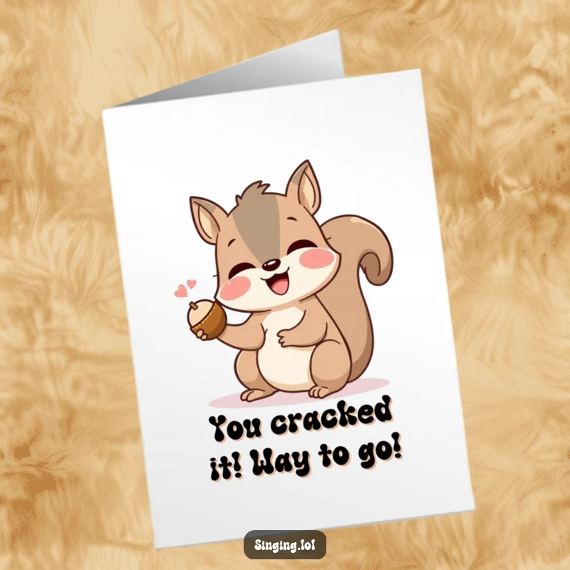 Free Printable Congratulations Card: A squirrel joyfully sings, holding a small nut, celebrating a big win.