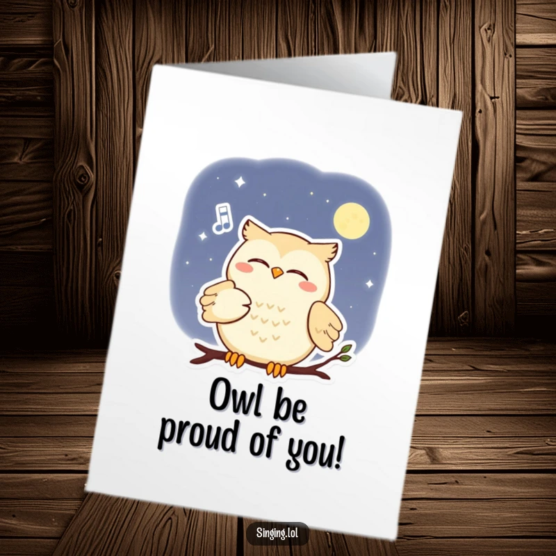 Funny Free Printable Congratulations Card: A smiling owl character performs a soft serenade to the moon, celebrating achievements.