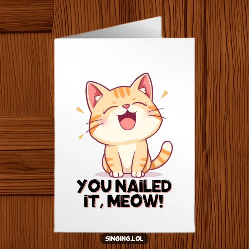 Funny Free Printable Congratulations Card: A delighted cat character performs a vocal trill, celebrating success.
