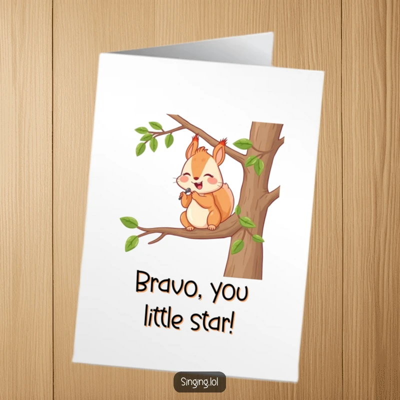 Funny Free Printable Congrats Card: A joyful squirrel sings from a tree branch, celebrating achievements, a delightful downloadable gift.