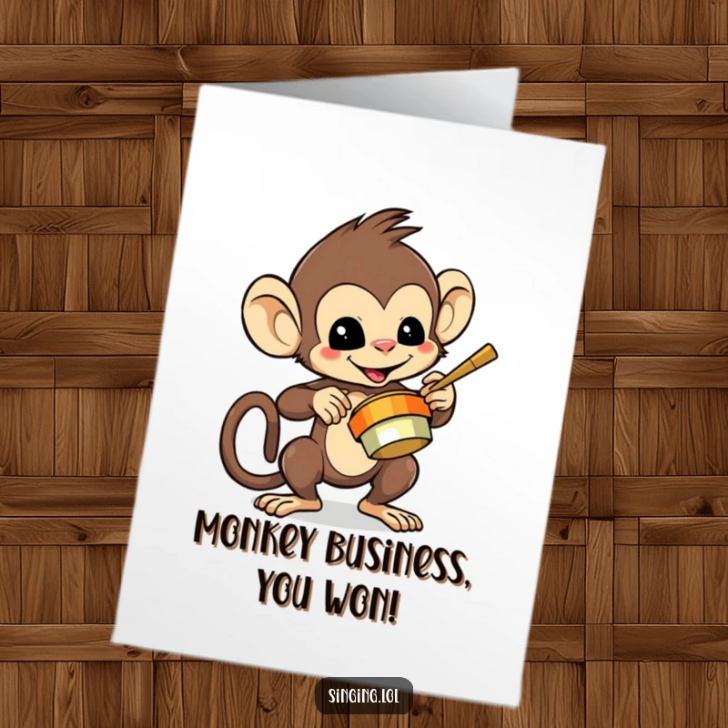 Funny Free Printable Congratulations Card: A mischievous monkey character impressively playing cymbals with energetic flair.