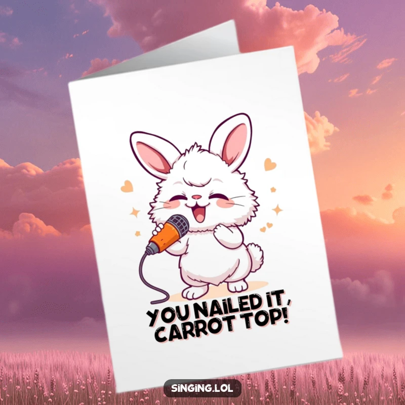 Funny free printable congratulations card featuring a fluffy bunny singing passionately into a carrot as a microphone, celebrating success with music.
