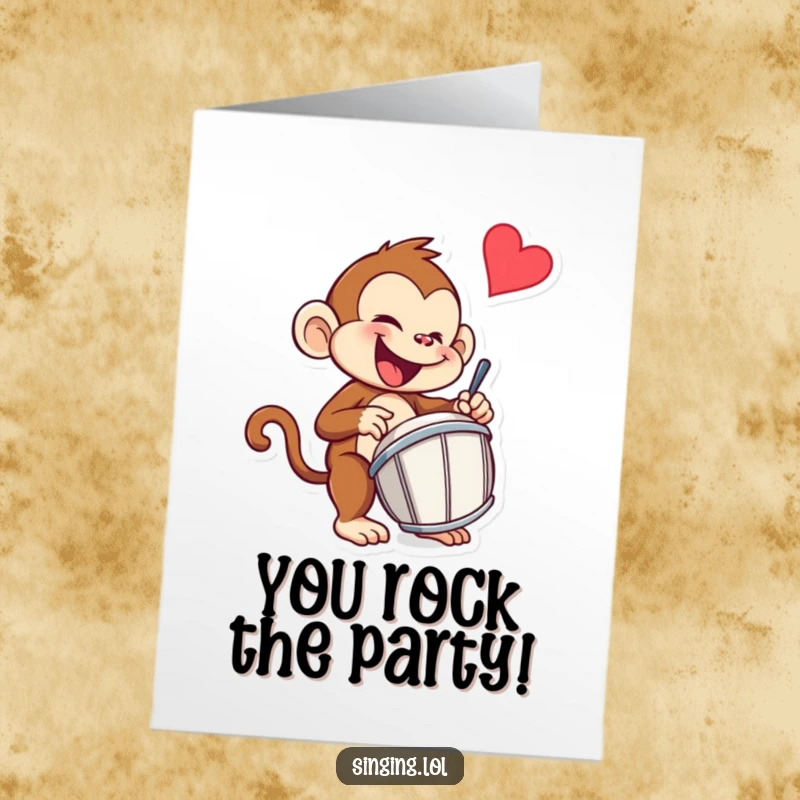 Funny Free Printable Monkey Congrats Card: A mischievous monkey enthusiastically drumming to celebrate an achievement with high energy.