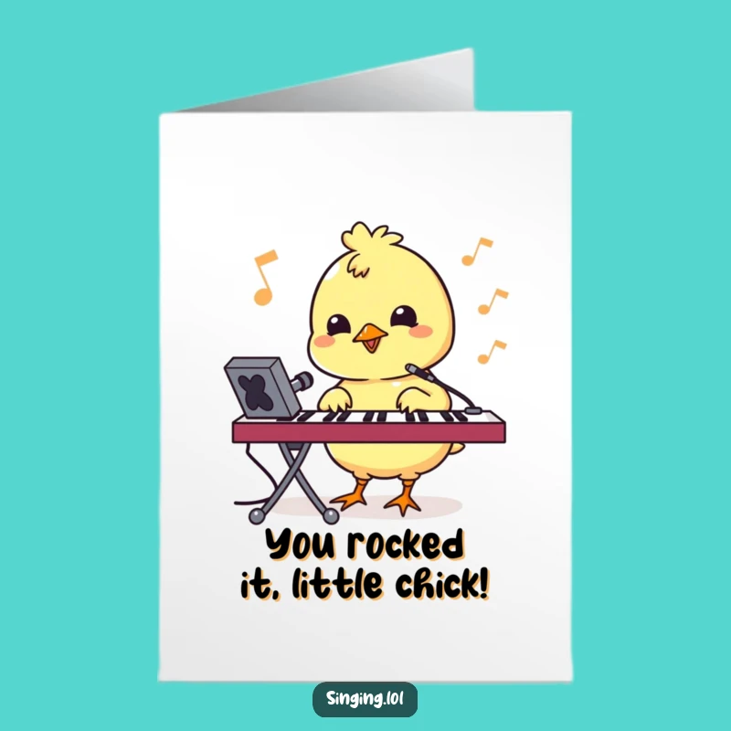 Free Printable Congrats Chick Card: Keyboard Singing Design, Downloadable DIY Gift Greeting