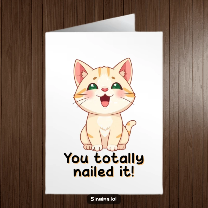 Funny Free Printable Congratulations Card: A curious cat character emitting a high, playful meow to celebrate.