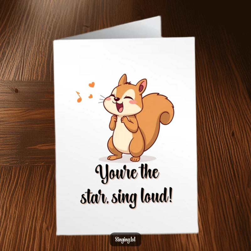 Funny Free Printable Congratulations Card: A determined squirrel character joyfully sings with a vigorously wagging bushy tail.