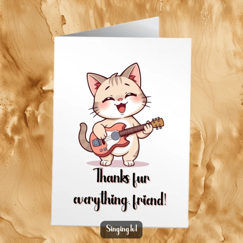 Funny Free Printable Thank You Card: Giggling cat with a smile strums a tiny guitar, delivering thanks with musical charm.