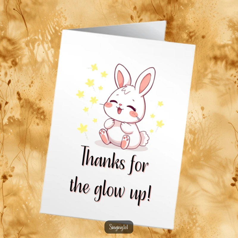 Funny free printable thank you card: a giggling bunny harmonizes with a circle of glowing fireflies.