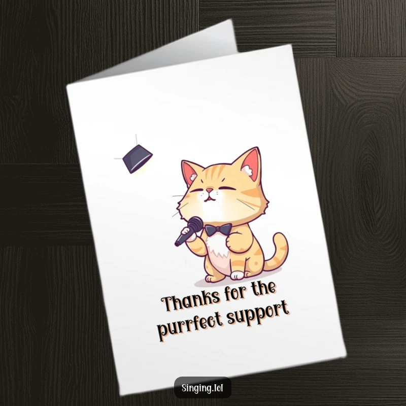 Funny Free Printable Thank You Card: Debonair cat crooning into a spotlight, expressing thanks melodically, perfect DIY gift.