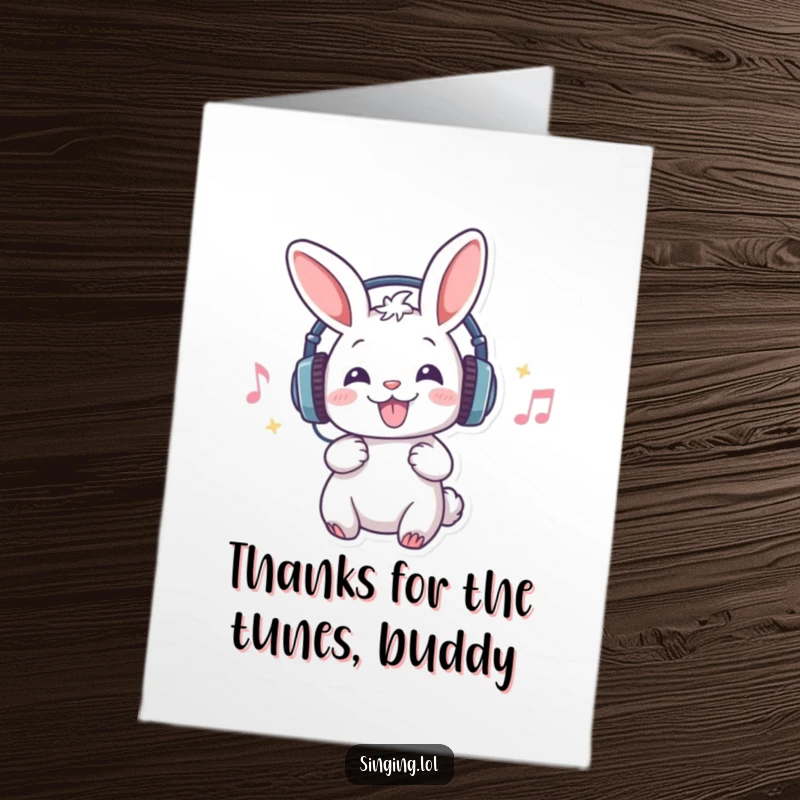 Funny Free Printable Thank You Card showcasing a rabbit with headphones singing loudly, a perfect DIY expression of gratitude.