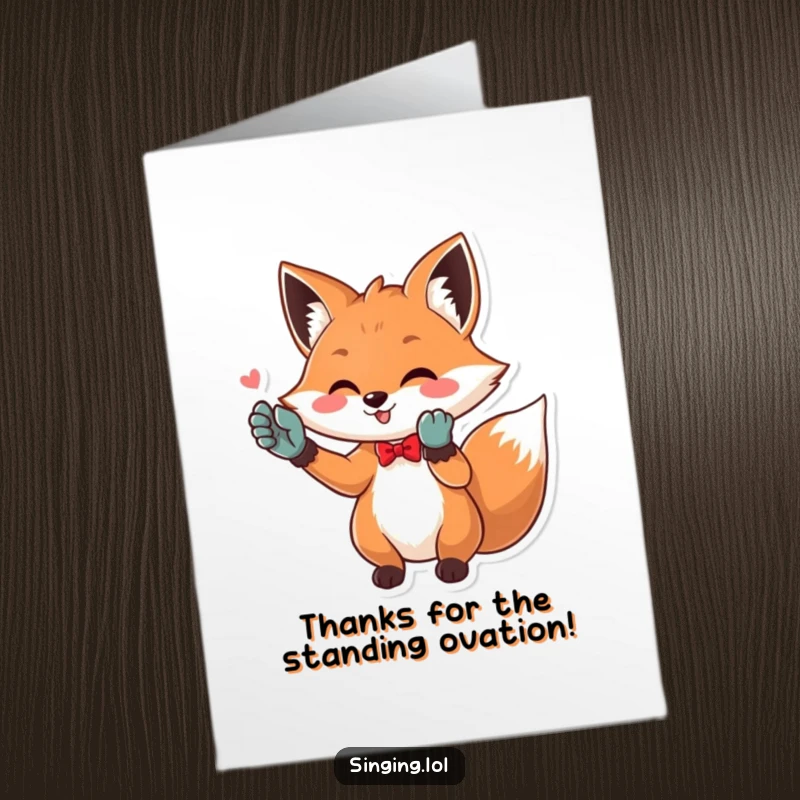 Funny Free Printable Thank You Card: Opera fox in gloves trilling, a dramatic and humorous way to express gratitude.