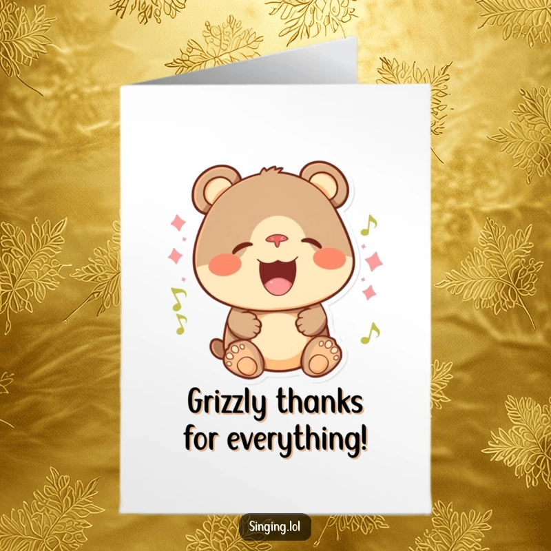 Funny Free Printable Thank You Card: A happy bear cub belts out a thank you song with a wide, infectious smile.