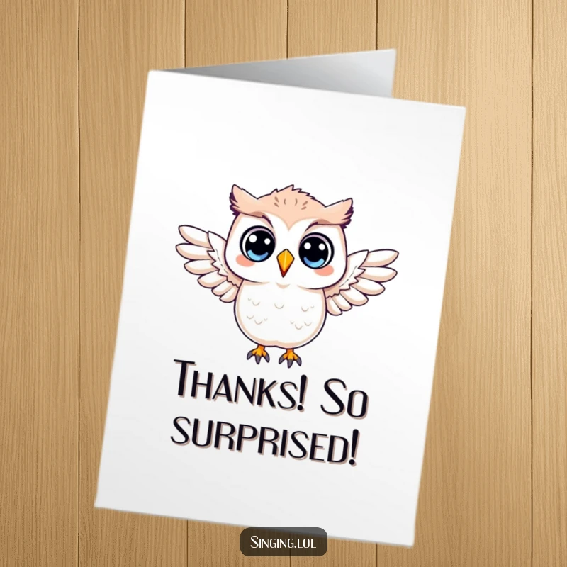 Funny Free Printable Thank You Card of a surprised owl character with wings outstretched, expressing shock and thanks.
